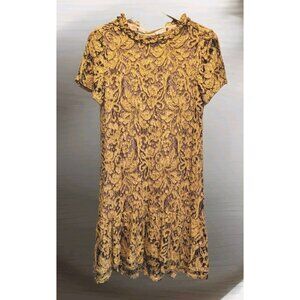 Urban Revivo Yellow Black Lace Short Sleeve Ruffle Lined Dress Fairygrunge Sz 6